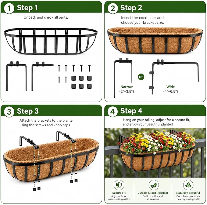 Railing Planter Boxes 30 Inch 4 Pack, 2-in-1 Heavy Duty Adjustable Hanging Window Box Planters with Coco Liners and Support Rods for Deck, Porch, Patio, Outdoor Garden