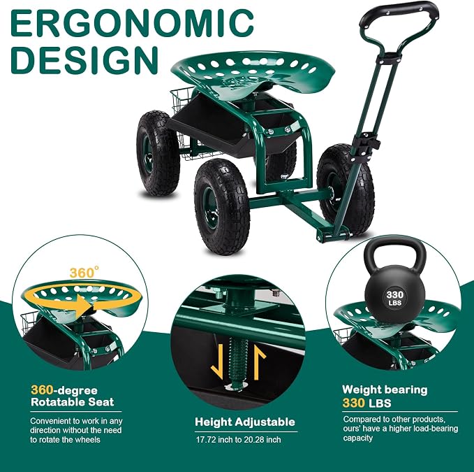 4-Wheel Rolling Garden Cart Work Seat with Tool Tray, Heavy Duty Planting Cart Tools on Wheels, Adjustable Steering Handle & Utility Tool Tray,Gardening Work-Seat,for Patio, Yard, and Outdoors, Green