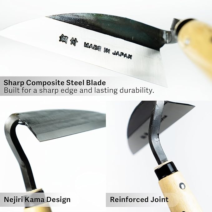 Japanese Weeding Sickle, Hand Weeder Tool for Surface Weed Removal, Tight Spaces and Light Grass Cutting, Made in Japan by HOUNEN