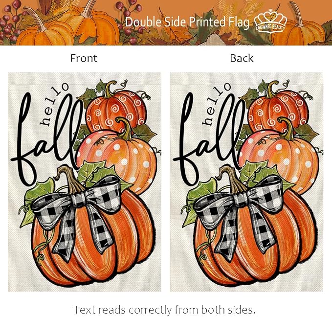 CROWNED BEAUTY Fall Welcome Pumpkins Garden Flag for Outside 12x18 Inch | Weather resistant, double-sided small yard flag. Features three pumpkins for outdoor seasonal fall decor