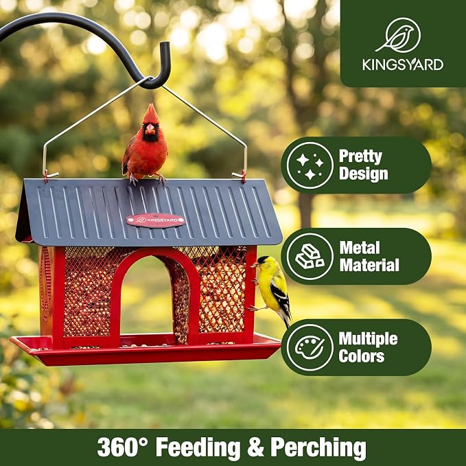 Kingsyard Bird Feeder for Outdoors Hanging, Dual-Use Metal Mesh Wild Bird Feeders with Seed Tray & Weatherproof Roof, 3 lbs Large Capacity, Red