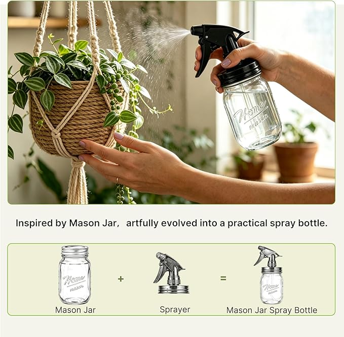 Glass Plant Mister Bottle -16 oz Vintage Style Mason Jar Fine Mist Sprayer - Refillable Leak Proof Water Spray Bottle for Plants, Gardening, Decorative with Adjustable Mist Nozzle (Clear)