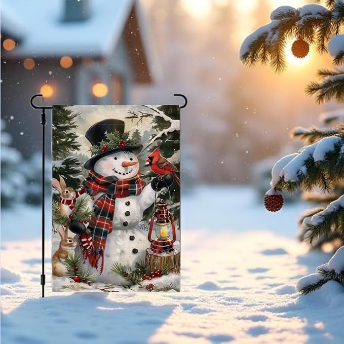 Winter Garden Flag 12x18 Double Sided, Burlap Holiday Farmhouse Snowman Garden Flags Winter Xmas Outdoor Decorations, Small Decorative Christmas Yard Flags for Outside Lawn Porch Decor