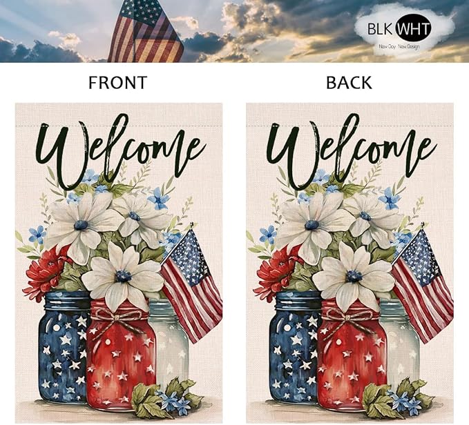 4th of July Floral House Flag 28 x 40 Vertical Double Sided Patriotic Mason Jar Flowers Red Blue Memorial Day Independence Day Holiday Outside Decorations Burlap Yard Flag BW321-40