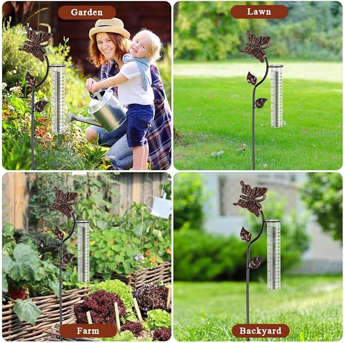 Butterfly Rain Gauge Outdoor, Metal Rain Gauge with 7-Inch Glass Tube, Decorative Rain Water Gauge for Garden, Yard, Lawn
