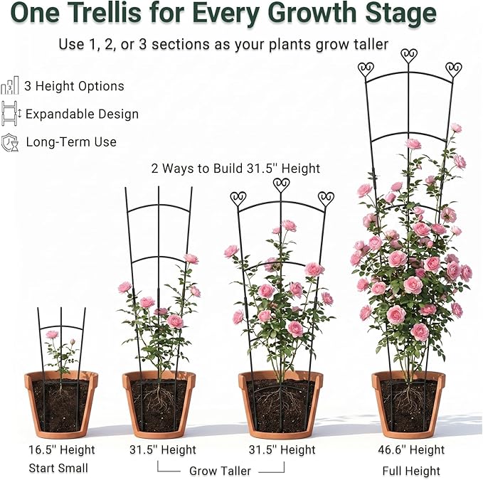 46.6" Tall Plant Trellis for Climbing Plants Indoor Outdoor, Durable Metal Trellis for Potted Plants, Adjustable Climbing Plant Support for Vines, Clematis, Morning Glories, Ivy, Black, 2 Pack