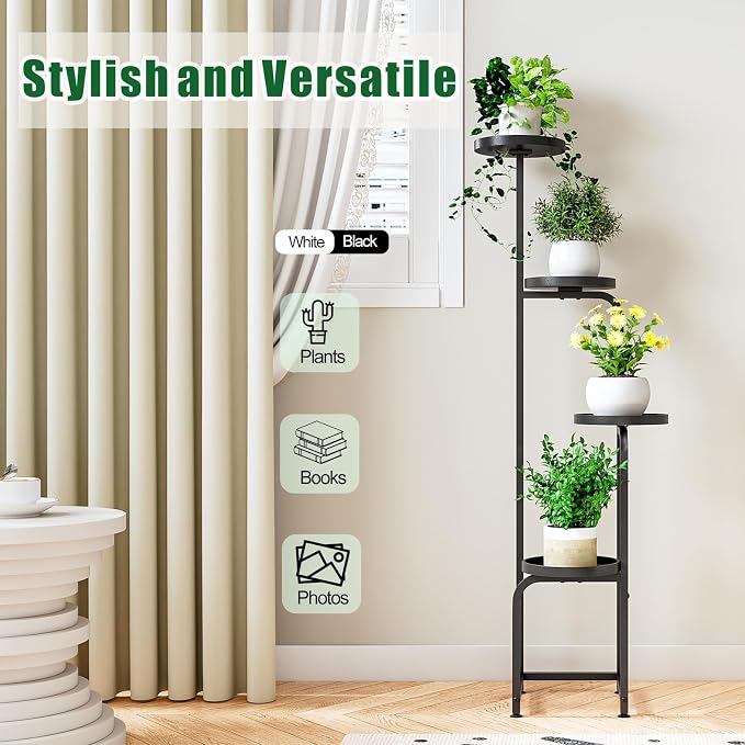 INGIORDAR Plant Stand Indoor Outdoor 4 Tier Metal Plant Shelf for Multiple Plants Corner Flower Holders for Living Room Balcony Bedroom Patio Garden, Black (Black, 4-Tier)