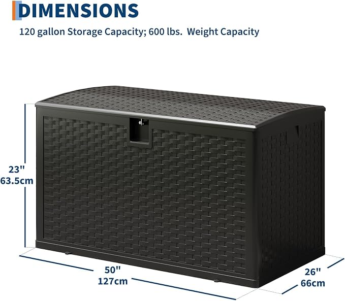 IDEALHOUSE 120 Gallon Resin Deck Box, Waterproof Outdoor Storage Box with Lockable Lid & UV Resistant, Patio Furniture Cushion Storage Container for Garden, Backyard, Poolside (Black)