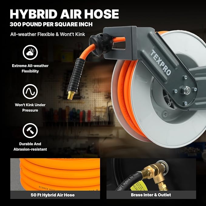 Retractable Air Hose Reel, 3/8 IN x 50FT Hybrid Air Hose Max 300 PSI, Air Compressor Hose Reel with 5 ft Lead in, Ceiling/Wall Mounted Air Hose Reel,Heavy Duty Air Tool