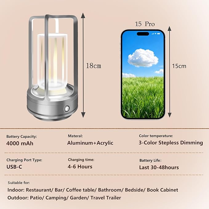 Set of 2 Cordless Table Lamps, LED Rechargeable Table Lamp with 3 Color Stepless Dimmable, Indoor/ Outdoor Table lamp for Patio/ Camping/ Bar/ Coffee/ Restaurant/ Home(Silver 2 Pcs)