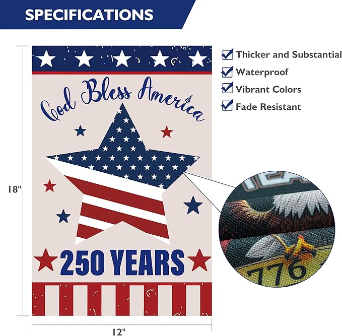 250 Anniversary USA Garden Flag, 250 Year American Anniversary Flag Patriotic Double-Sided Garden Flag