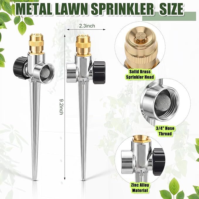 Tioncy 4 Pack Metal Lawn Sprinkler Automatic Garden Water Sprinkler on Spike Base 360 Degree Rotation with Adjustable Brass Nozzle for Lawn Garden Yard (Silver)