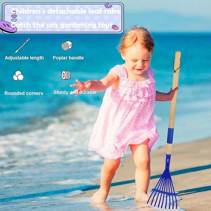 Kids Leaf Rake-Small Wooden Handle Leaf Rake with Metal Tines, 27inches /69cm Length, for Kids Enjoy Garden Cleaning Activities (Blue)