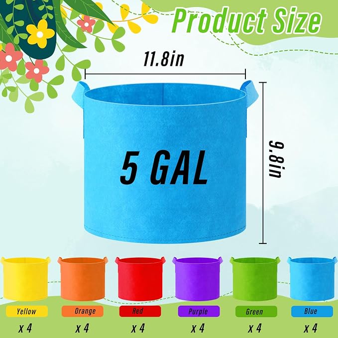 Ziliny 24 Pcs Multicolor Plant Grow Bags Large Grow Bags Fabric Planter Thickened Non Woven Fabric Pots with Handles for Indoor Outdoor Garden Planting Seeds Flower, 6 Colors (5 Gallon)