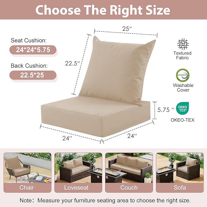 Outdoor Deep Seat Cushion Set, 24x24 Inch Water-Resistant & Fade-Resistant Outdoor Chair Cushions, Patio Furniture Cushions with Removable Cover for Patio Chair, Sofa, Beige (Set of 4)