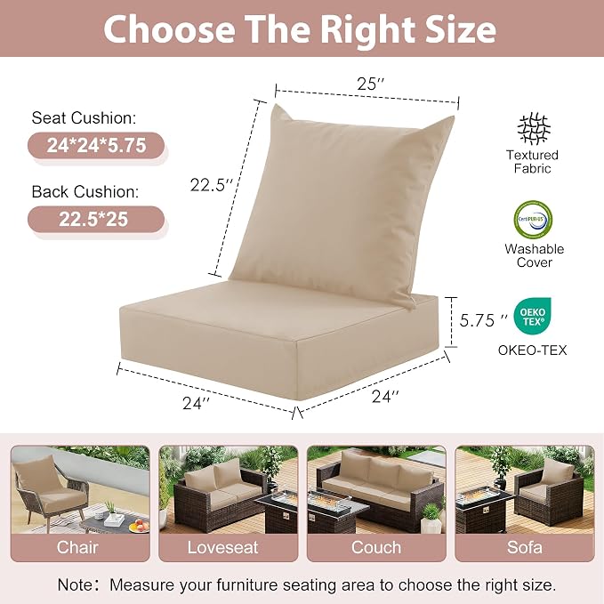 Outdoor Deep Seat Cushion Set, 24x24 Inch Water-Resistant & Fade-Resistant Outdoor Chair Cushions, Patio Furniture Cushions with Removable Cover for Patio Chair, Sofa, Beige (Set of 2)