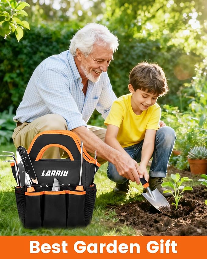 7-Piece Gardening Tools Set, Heavy Duty Stainless Steel Hand Tools with Blakc Tote Bag - Ergonomic Non-Slip Grip for Planting, Weeding & Digging