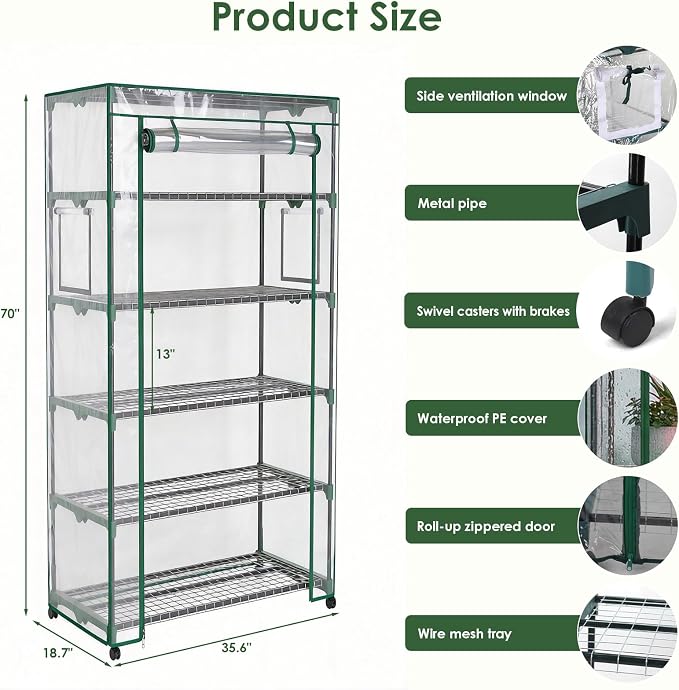 5 Tier Indoor Greenhouse with Grow Lights & Wheels & 2 Ventilation Windows & 5 Shelves , 36"x19"x70" Mini Greenhouse with Wheels & Transparent PE Cover