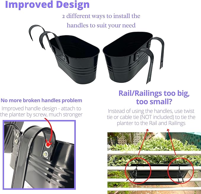 LaLaGreen Outdoor Plants Rail Planter (11.2 Inch, 8 Pack) Black Metal Iron Hanging Flower Pots Deck Railings Fence Buckets Modern Garden Boho Style Wall Mount Window Box Plant Holder Hooks Porch Decor