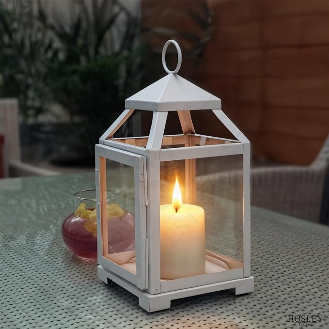 Hosley 12 Inch High Clear Glass and Iron White Classic Style Lantern Ideal Gift for Weddings Bridals Special Occasions Parties Aromatherapy and Spa Settings