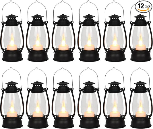 12Pcs Mini Lantern for Cowboy Halloween Christmas Wedding, Black 6" Candle Lantern with Flickering LED for Camping Western Party Decorations, Table Centerpiece, Hanging Lamp Ornaments Bulk