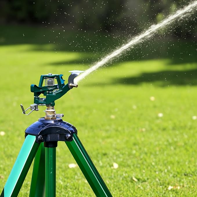 Sprinklers for Yard, 2026 Heavy-Duty Lawn Sprinkler Impact Sprinkler on Spike Tripod Base with 360° Large Area Irrigation with Extension Legs to Adjust Height Irrigation System for Garden Lawn-Green