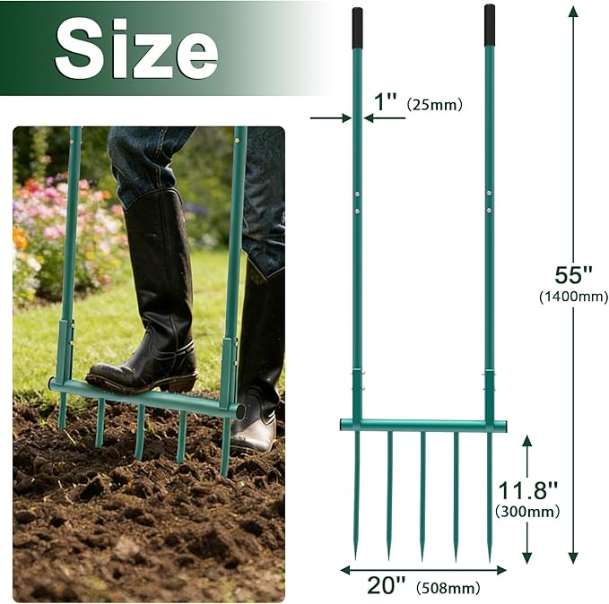 Broad Fork Garden Tool - 5 Tines Heavy Duty Broadfork for Digging, Cultivating & Loosening Soil, Ergonomic U-Shaped Design Hand Tiller for Gardening & Farming