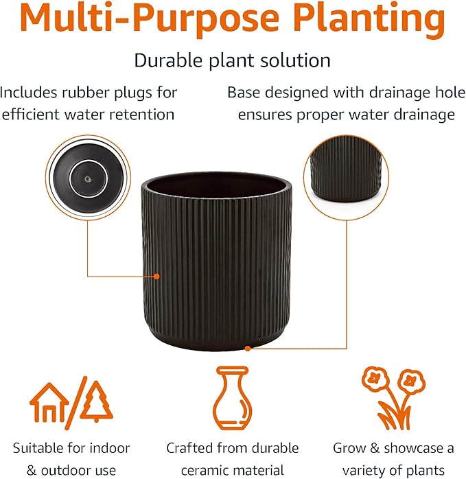 Amazon Basics Fluted Ceramic Planter Pot for Indoor Outdoor Plants, Round Flower Pot with Drainage Hole, 8-inch, Black