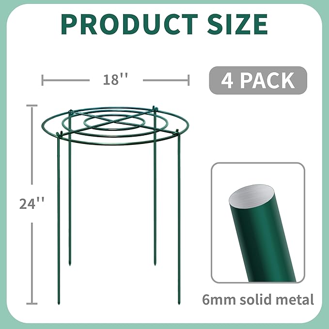 4 Sets Peony Support Cage,18"Diax24"High Heavy Duty Metal Plant Support,Grow Through Hoops Grids with 4 Thickened 6mm Legs,Strong Support Brace for Heavy Blossoms,Flower Support Ring for Peonies,Rose