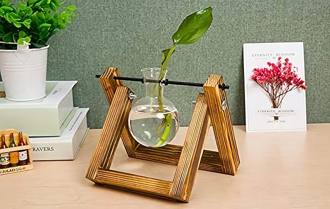 Kingbuy Plant Propagation Station Bulb Vase, 1 Bulb Vase | Air Plant Terrarium, Wooden Swivel Holder, Desktop Glass Planter, For Indoor Water Plants