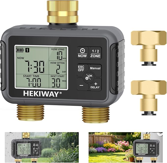 Dual Outlet Water Timer for Garden Hose with 2 Brass Connectors, Programmable Irrigation Controller with Rain Delay & Child Lock for Lawn, Yard, Drip Irrigation, Greenhouse