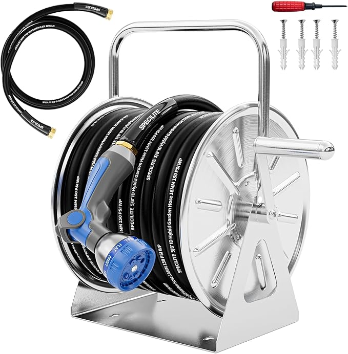 SPECILITE Stainless Steel Garden Hose Reel with 5/8" 75FT Hybrid Rubber Hose and 6FT Leader Pipe, Wall/Floor Metal Mounted Storage Spool with Crank Handle, for Outside, Yard, Patio