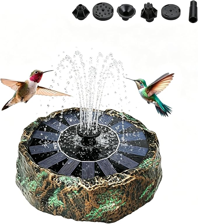 Solar Bird Bath Fountain,Premium Plastic Faux Stone Water Fountain Pump with 6 Nozzles,Eco-Friendly Direct-Drive Floating Water Feature for Birdbath,Garden,Patio,Small Pond Decoration 7.8" Bronze
