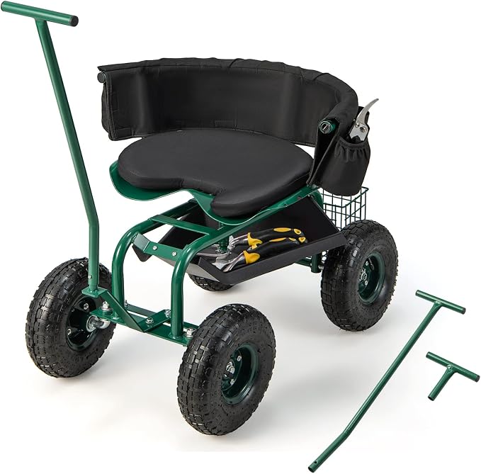 Giantex Garden Cart, Rolling Workseat with 4 Wheels, Tool Tray, Removable Cushion, Storage Basket, 2 Handles, Adjustable Height & 360 Swivel Work Seat, Gardening Stool for Patio Lawn Garden Yard