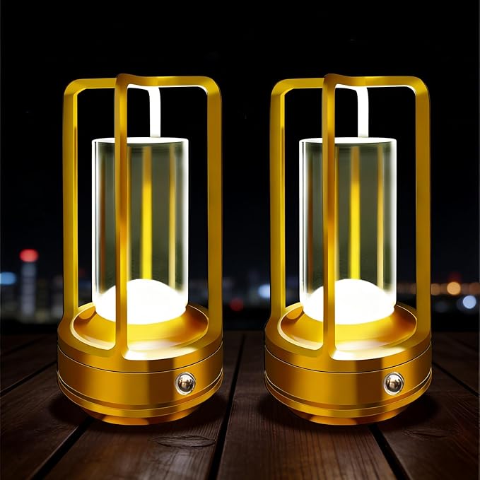 Set of 2 Outdoor Table Lamp, 4000mAh Rechargeable battery operated lamp, 3 Color Stepless Dimmable Cordless Table Lamp for Patio, Camping, Coffee table, crystal lantern lamp for Indoor/Outdoor (Gold )