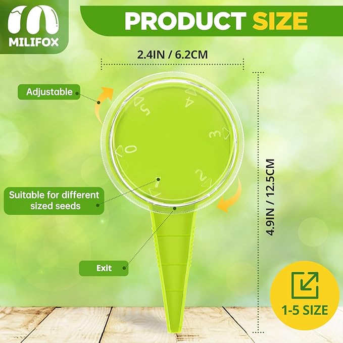 2 Pack Seed Dispenser, Adjustable Hand Seeder with 5 Hole Size 0.12"-0.39" & Storage Setting, Lightweight Mini Seed Spreader for Flowers Vegetables Seedling Tray