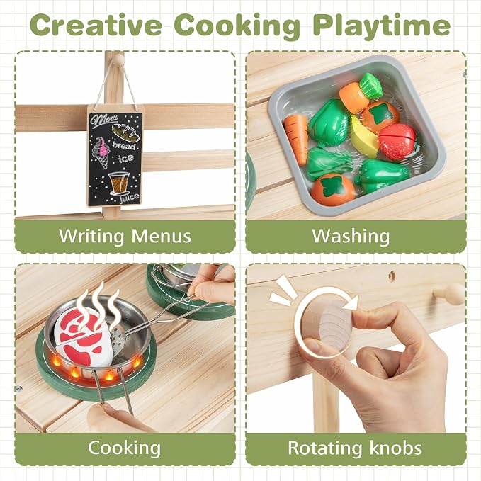 Costzon Mud Kitchen, Solid Wood Potting Bench w/2 Flowerpots, Blackboard, Sink, 2 Stoves, Outdoor Pretend Play Set for Toddlers 3+ Years, Mud Kitchen for Kids Outdoor, Gift for Girls & Boys