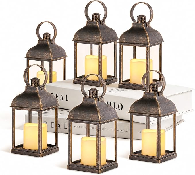 Wedding Decor Bronze Lanterns: 6 Pcs LED Flameless Decorative Indoor Outdoor Rustic Candle Holder Bulk for Tables Centerpieces