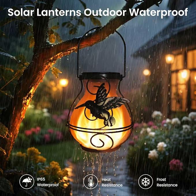 4 Pack Solar Lanterns Outdoor Waterproof Flickering Flame Lights Hummingbird Metal Hanging Solar Lantern Patio Porch Garden Decoration