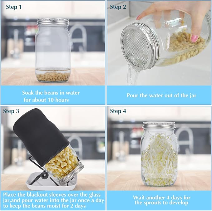 2Pack Sprouting Kit,1000ml Sprouting Jar with Mesh Lids and Stands, Microgreens Sprouts Growing Kit, Broccoli Sprouts Seeds Sprouting Jars with Screen Lids,Blackout Sleeves, Tray