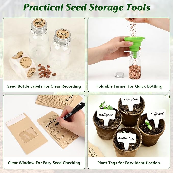 Seed Storage Box with Built-in Hygrometer, Natural Bamboo Seed Saving Box with Seal Design Lid, Safety Lock & Solid Handles, Extra Seed Envelopes and Labels – Great Gift for Gardeners (Black)