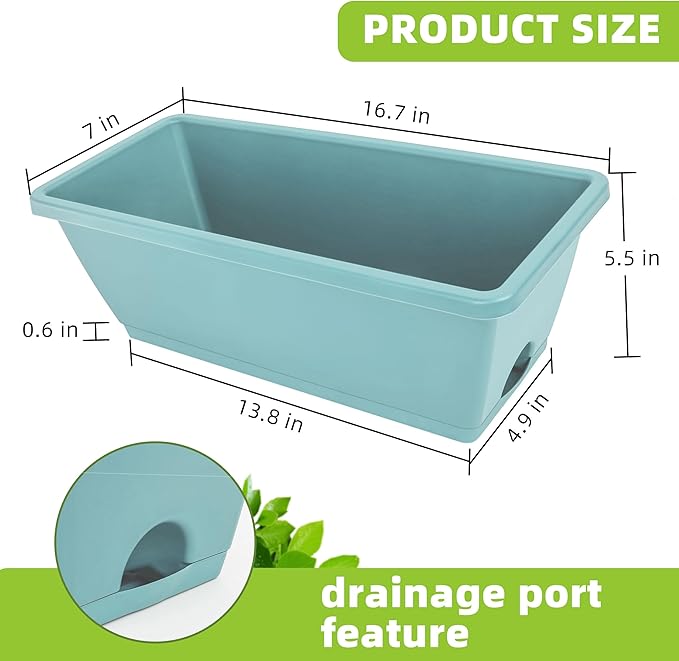 LOCONHA Window Box Planter, Plastic Vegetable Flower Planters Boxes 17 Inches Rectangular Flower Pots with Saucers for Indoor Outdoor Garden, Patio, Home Decor (7, Sky Blue)