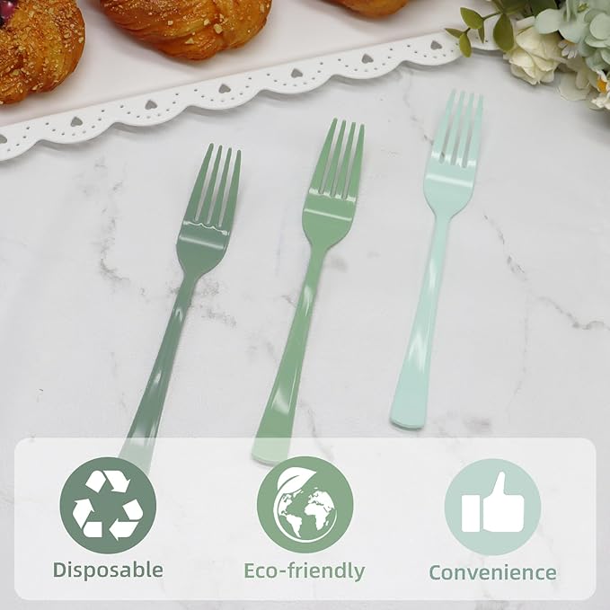 60 Pcs Sage Green Plastic Forks Heavy Duty Sage Green Plastic Silverware Disposable Utensils Sets for Brithday, Wedding, Baby Shower, Bridal Shower