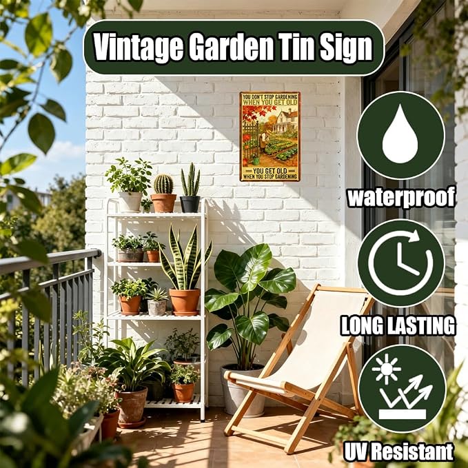 Funny Gardening Sign,"You Don't Stop Gardening When You're Old" Vintage 8x12 Inch Tin Sign Birthday Present for Mom, Grandma, Plant Lover, Retired Gardener Gift (3009)