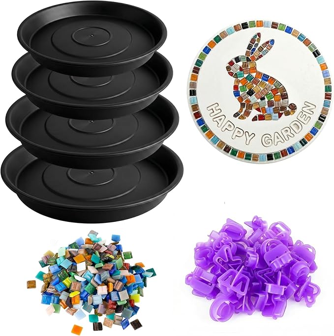 U0U Stepping Stone Kit Includes 4 Size Round Cement Molds,Mosaic Tiles and Carving Tools,DIY Garden Stepping Stone Kit for Kids,Family,Outdoor Walkways Pavement Decoration (No Concrete Mix)