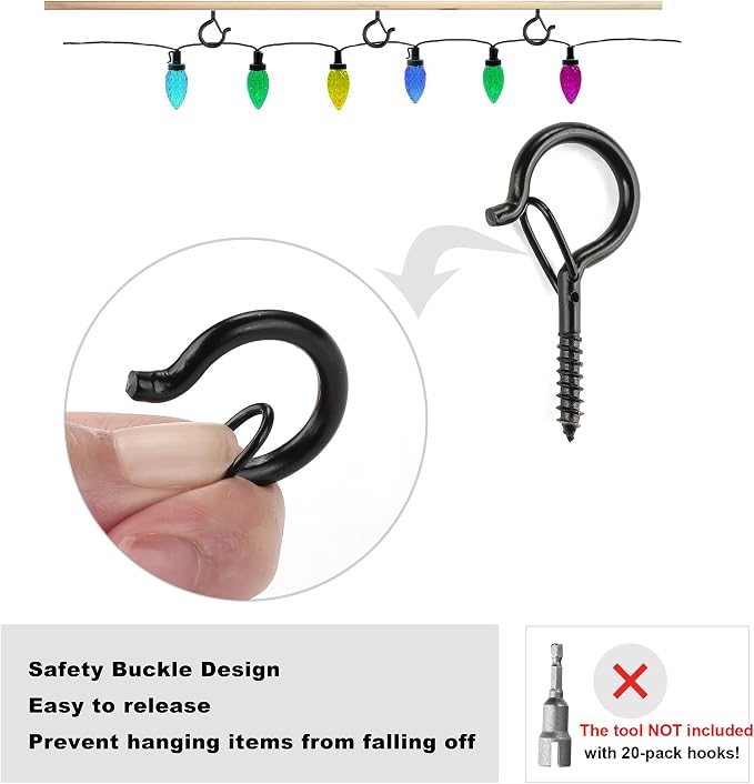 PlusRoc 20 Pack Outdoor Screw Hooks for Hanging Plants String Lights Heavy Duty, 2.2 Inch Eye Hook Screw in Cup Hooks Q-Hanger for Patio Lights, Ceiling Wall Wood Fence Deck Mount(Black)