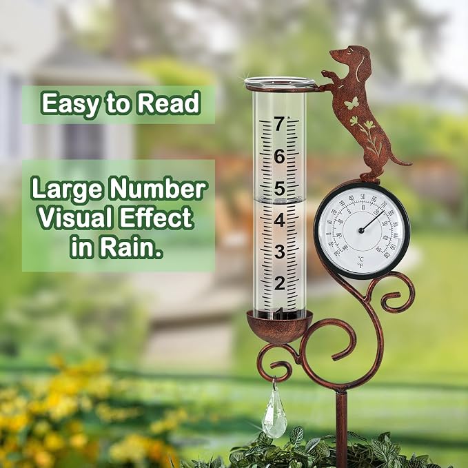 Dog Rain Gauge Outdoor,Large Number Scale Rain Gauge with Temperature & Hygrometer Metal Dachshund Garden Stakes for Outside,Lawn,Yard,Patio,Farm