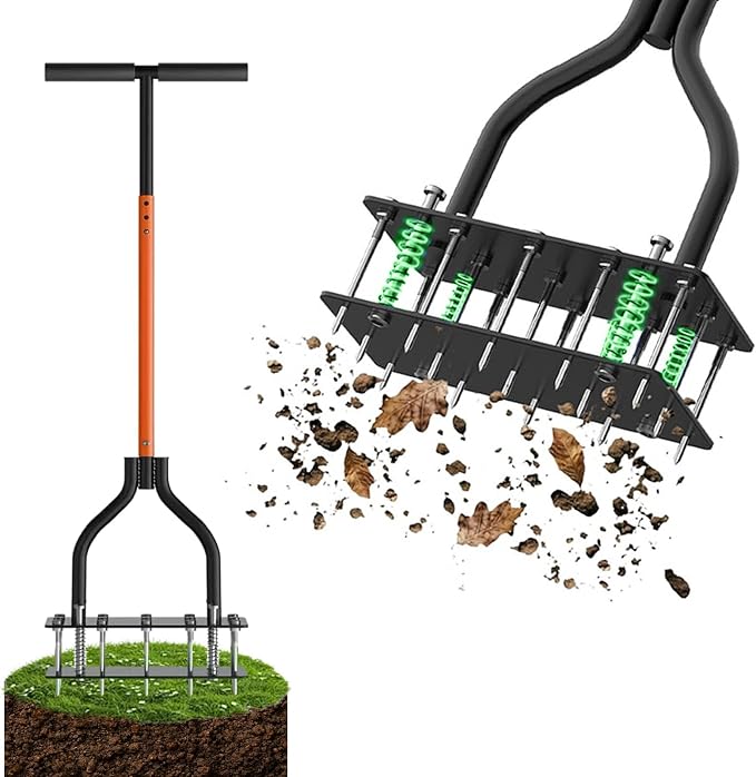 Manual Lawn Aerator Tool, Automatic Dirt and Leaf Clean Design, with 15 Iron Spikes Adjustable Height, Double-Layer Spring, for Loosening Soil Aerating Patio, Yard, Garden, (Black)