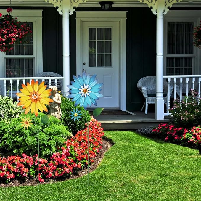 YEAHOME Garden Decor for Outside, 35.4“ Set of 2 Metal Flowers Decorative Garden Stakes for Spring Decor, Yard Art Flower Stakes for Outdoor Lawn Backyard Porch Garden Decorations (Yellow, Blue)
