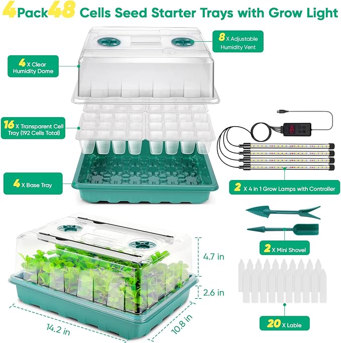 192 Cell Seed Starter Tray with Grow Light, Seed Starter Kit with Adjustable Humidity Dome, Seed Starting Trays Plant Starter Kit for Seeds Growing Starting, Indoor Gardening, Greenhouse